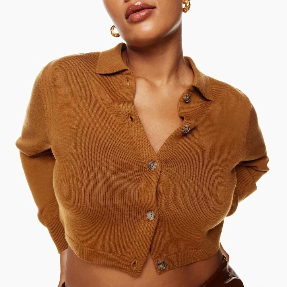 Aritzia Wilfred Nextdoor Cropped Polo Knit Cardigan Rich Chestnut New Size XS